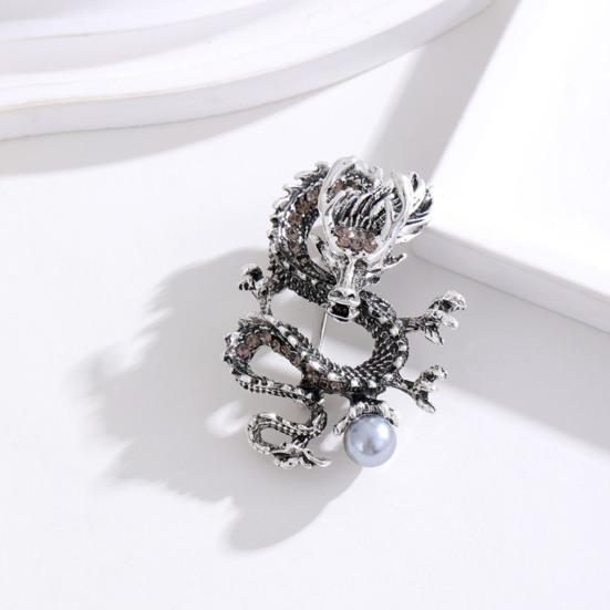 Chinese Style Brooch Men Enamel Dragon Shape Faux Pearl Pin Clothing Coat Badge Jewelry Party Accessories