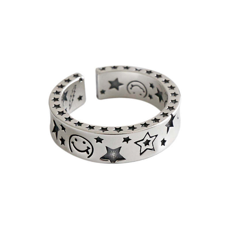 ANENJERY Vintage Moon Star Open Ring Smiling Face Finger Rings For Fashion Women Jewelry