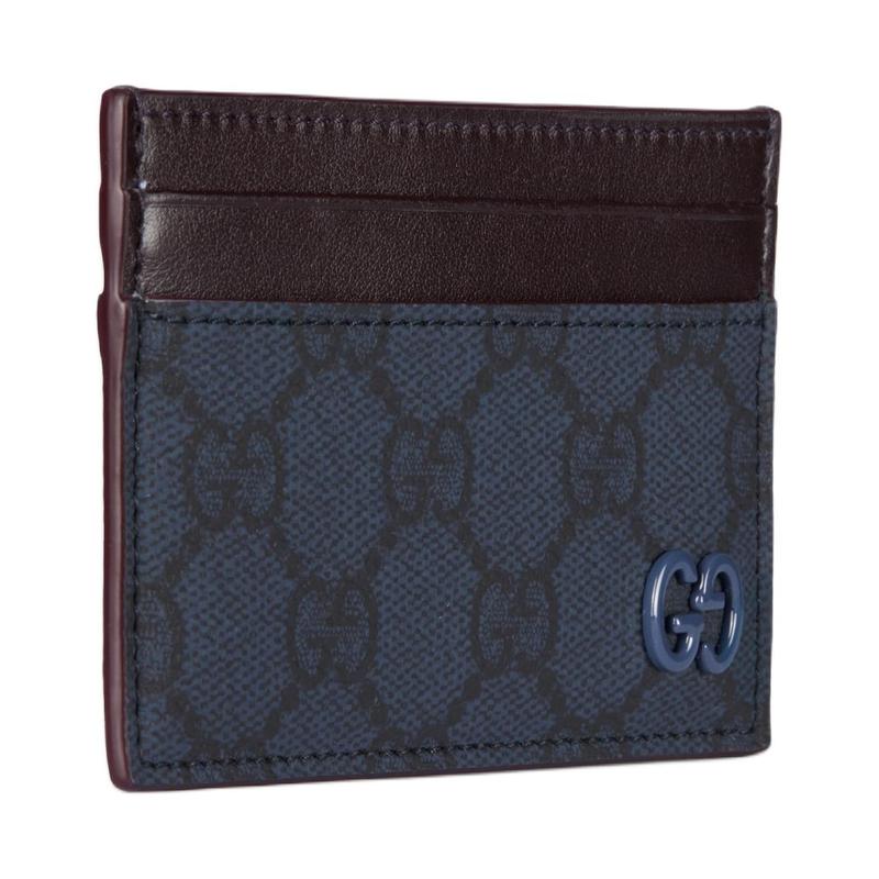 Gucci GG Supreme Palladium Tone Hardware Blue Ceramic Effect Design Leather Card Holder Men's Dark Blue