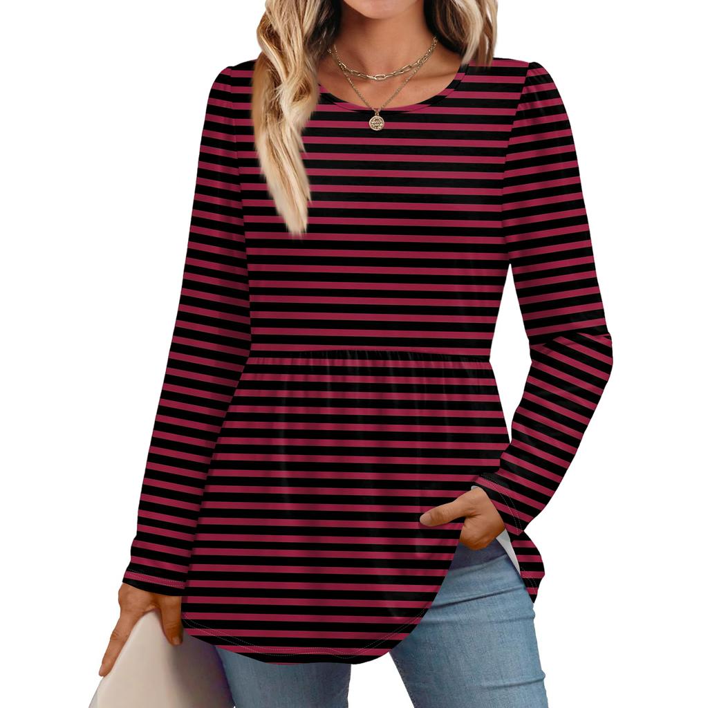 Women's Casual Fashion Long Sleeve Shirt Striped Tunic Top