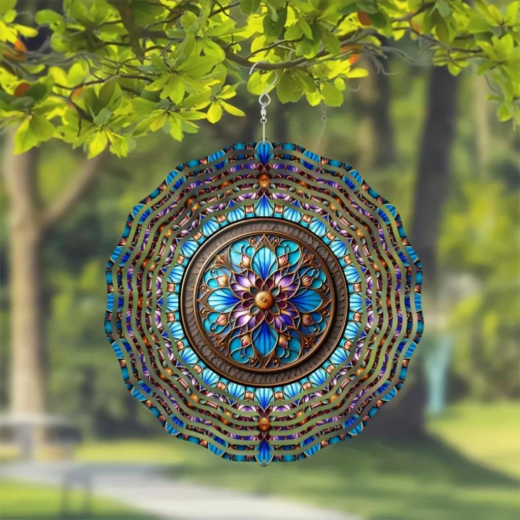 10 Inch Stained Glass Wind Spinner 3D Kinetic Metal Hanging Decor for Garden Yard Indoor Outdoor Blue White Windmill Gift for Women Men