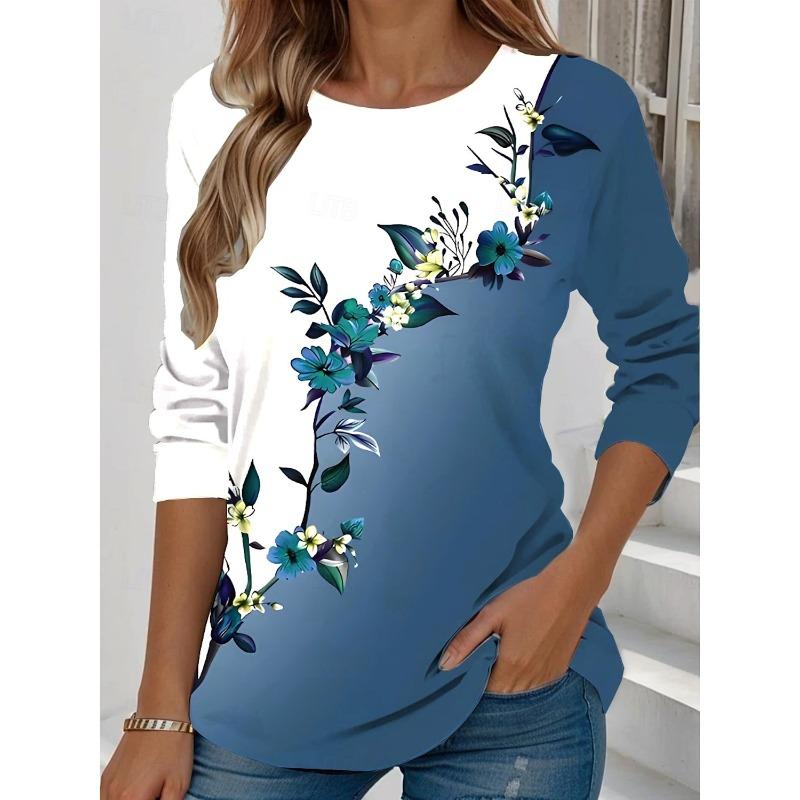 Fashion Summer Women's Floral Graphic Elegant Round Neck Long Sleeve T-Shirts Y2K Casual Tops Womens Clothing Harajuku Pullover
