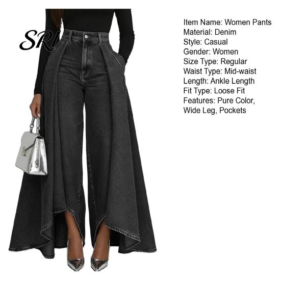 Simple Design Women Trousers Pants High Waist Buttons Zipper Closure Denim with Everyday Pockets Irregular Large Hem Wide Leg Solid Color Casual Loose
