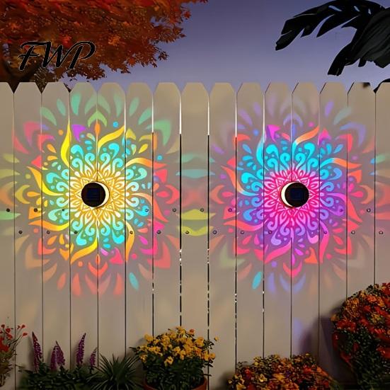 Metal Pattern Solar Lights Wall Light, 7 Color Changing Fence Outdoor Projection Seven LED Lamp, Waterproof Garden Lamp for Yard Patio Backyard Decor