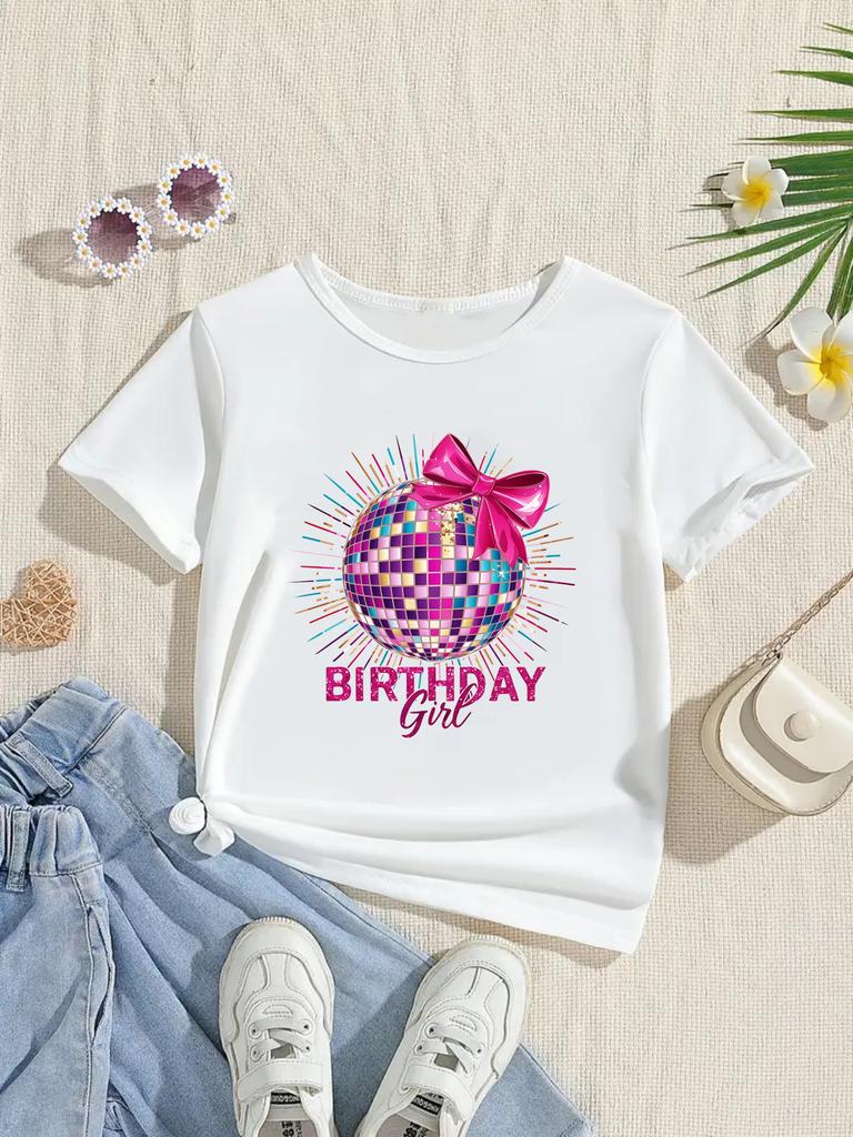 Pink Bow Disco Birthday Girl TShirt Coquette Disco Ball Birthday Shirt Cute Pink Birthday Party Girls Clothes Summer Tops