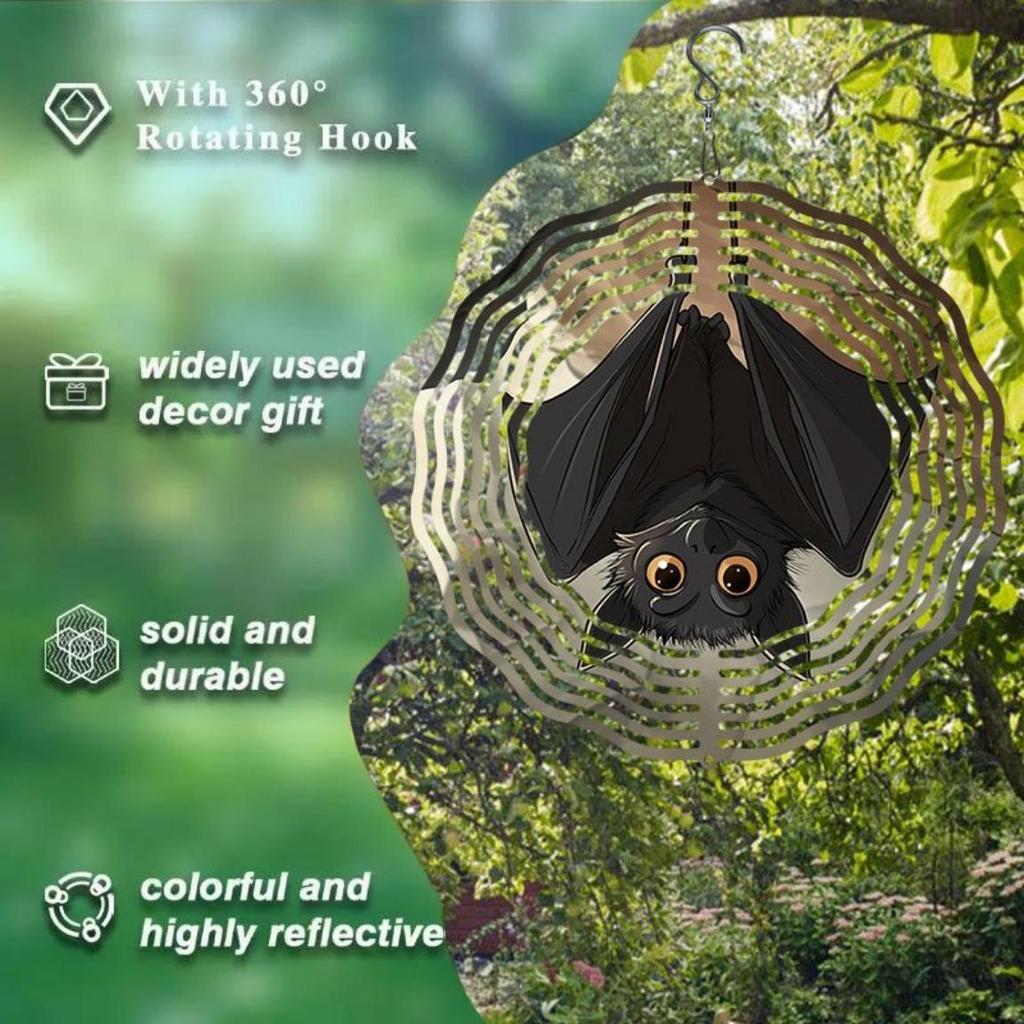 Металлический вращающийся колокольчик ветра, узор перевернутой летучей мыши, спиральный подвесной садовый декор, художественное ремесло, ветряная мельница, вращающийся в двух направлениях, для улицы