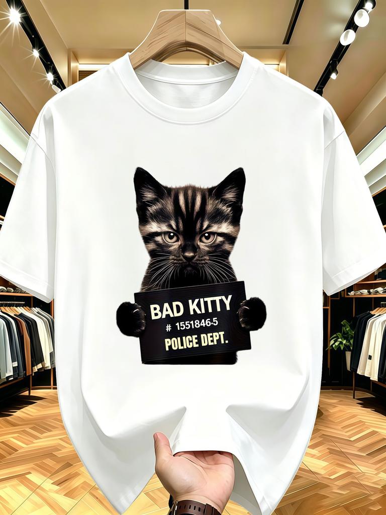 Унисекс футболка с круглым вырезом Bad Kitty Фоторобот кота Принт Хлопок Короткий рукав Свободная Летняя Уличная Дышащая Повседневная Базовая Одежда Топ