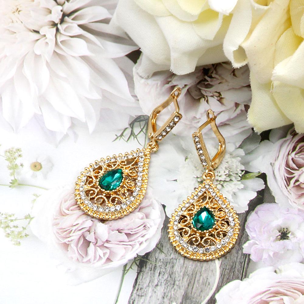 Золотые висячие серьги с каплями воды для женщин, этнические свадебные украшения, полые цветы со стразами, свадебные подарки