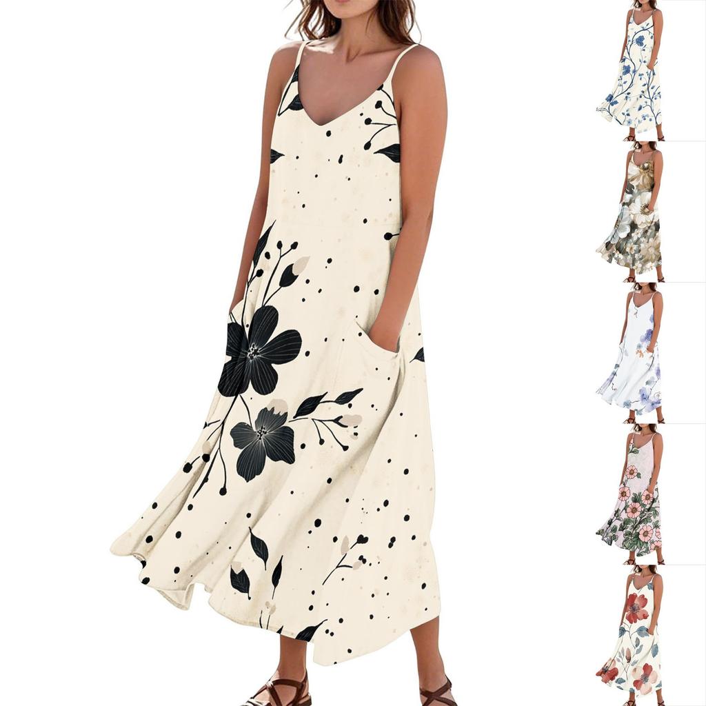 Women's Casual Tie-Dye Floral Print Sleeveless Pocket Dress