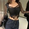 Sexy Halter T-shirts Women Clothes Hot Female Crop Tops Korean Fashion Ladies Streetwear See Through Long Sleeve Tees Pure Basic