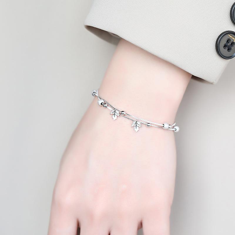 Чистое серебро S925, серебро, корейская версия, простой свежий матовый браслет с круглыми бусинами и геометрическим узором, штабелируемый двухслойный браслет с кленовым листом