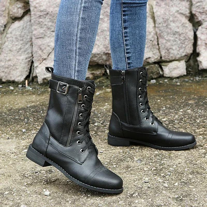 New Plus Size Retro Western-Style Women's Motorcycle Boots with Punk Buckle and Zipper-Mid Calf Lace-Up Boots