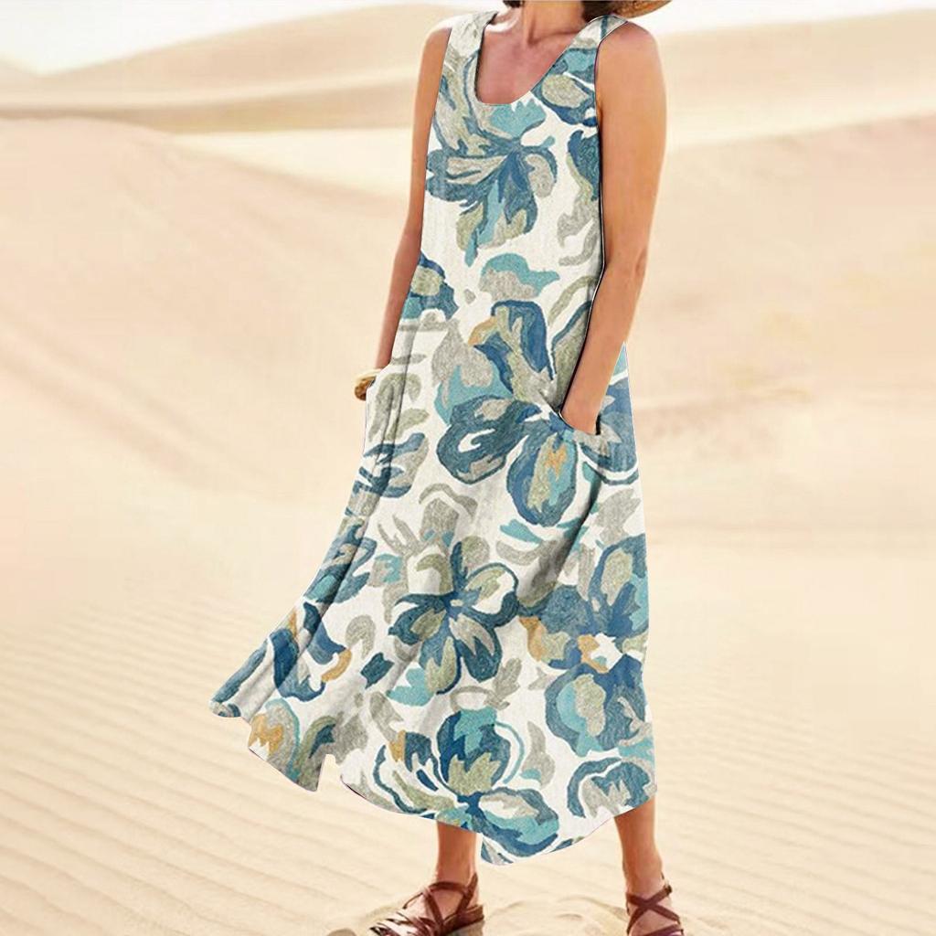 Summer Dress For Women Casual Printed Comfortable Sleeveless Cotton Dress With Pocket