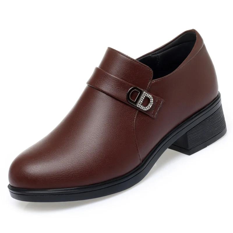 Fashion Spring Deep Mouth Block Heels Women Shoes Comfort Fashion Breathable Round Toe Soft Leather Soft Sole Office Black Shoes