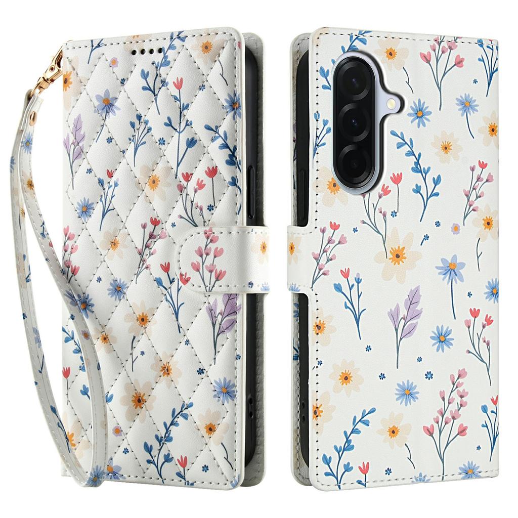For Samsung Galaxy A36 5G/A56 5G Wallet Case Rhombic Floral Design Leather Flip Phone Cover with Strap