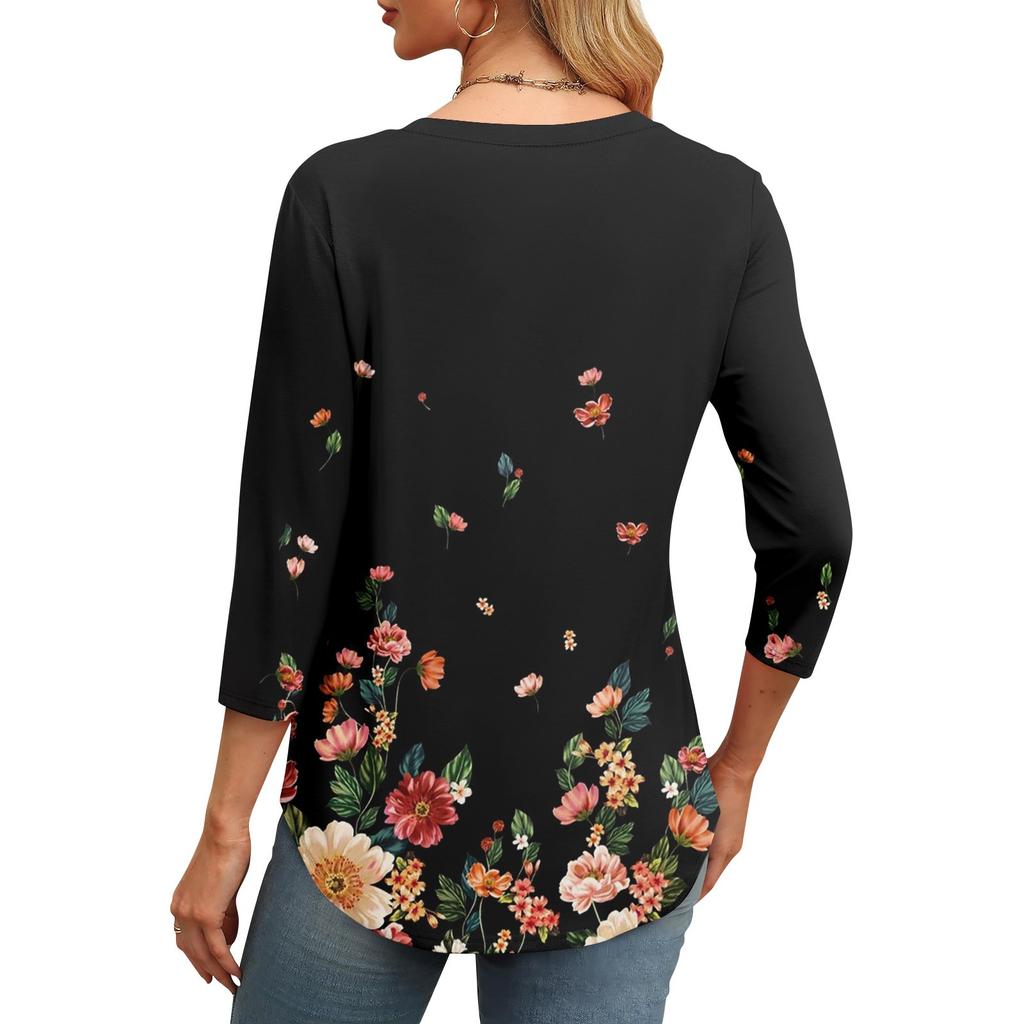 Женская модная футболка с круглым вырезом и рукавом 3/4 с принтом, повседневная, базовая, плиссированная, пуловер