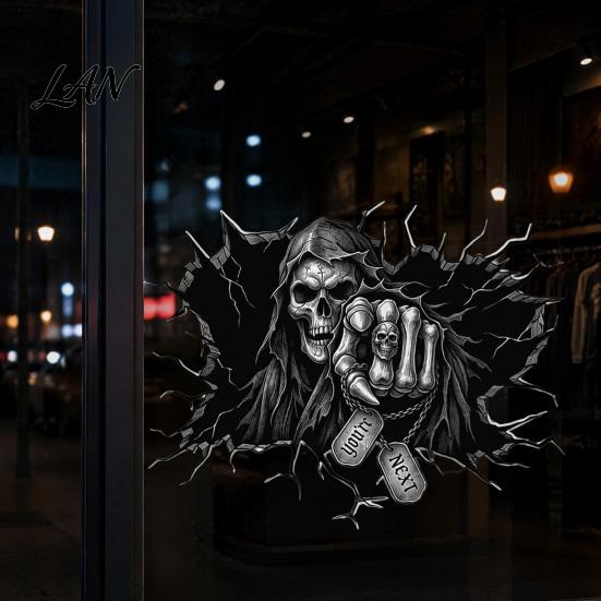 Haunted House Decoration Grim Reaper Wall Sticker, 3D Breaking Through Art Decal, Scary Halloween Decor Skull Mural for Home Bar Pub Party Supplies