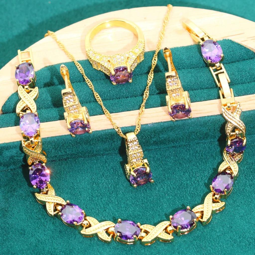 Зеленый циркон золотого цвета Свадебные ювелирные наборы для женщин Серьги для свиданий Ожерелье Кулон Кольцо Браслет Подарки для свиданий