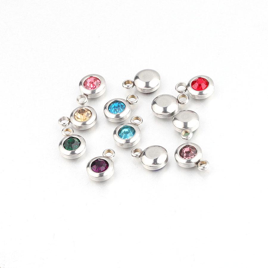 6.5mm Stainless Steel Birthstone Pendant - 12 Colors, DIY Jewelry Accessory