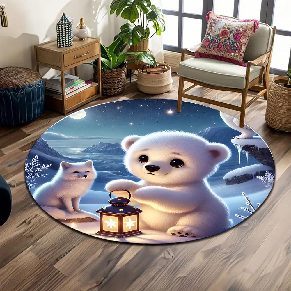 "Polar Bear and Arctic Fox with Lantern" Print round rug, living room, bedroom, playroom carpet, non slip floor mat, gift