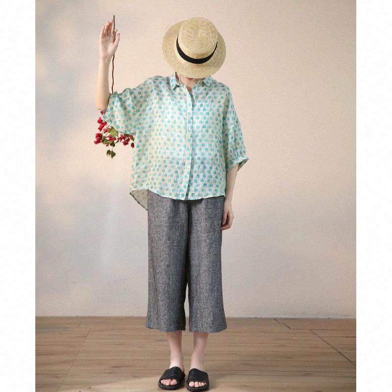 Летняя минималистичная хлопково-льняная блузка в горошек женская рубашка с рукавами 3/4 и волнистой точкой