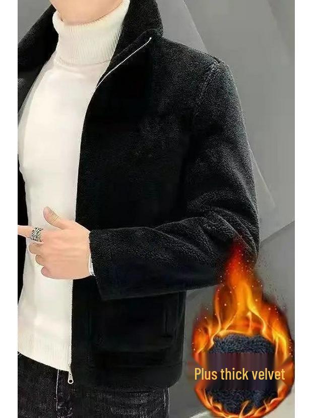 Мужское пальто из вышитой ягнячьей шерсти со стойкой воротником на осень/зиму