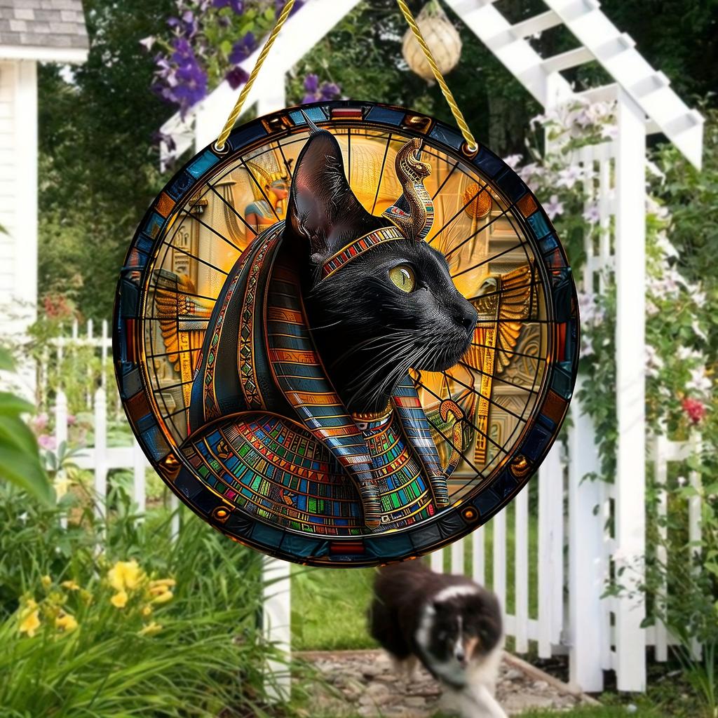 Wood Egyptian Black Cat Sun Catcher, Round Wooden Decorative Sign, Room, Home Decor, Animal Theme Multipurpose Plaque for Door, Wall, Home, Room
