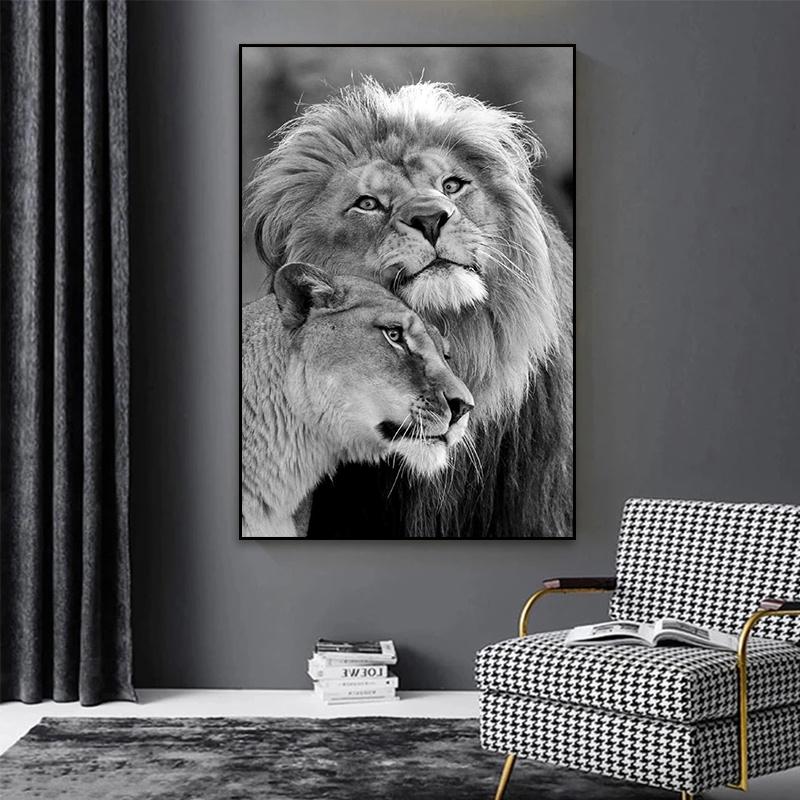 Черно-белые постеры и принты с изображением льва, нарисованные на холсте, современные настенные картины с изображением животных для декора гостиной и дома
