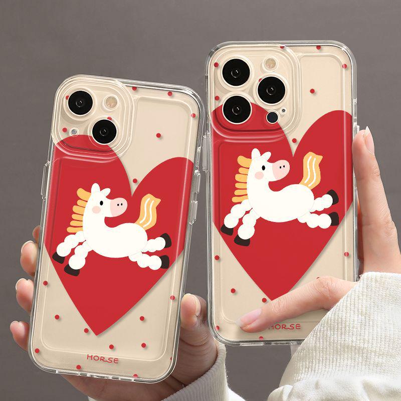 Чехол для iPhone с сердечками в горошек и лошадками: Совместим с iPhone 11/12/15/16 Pro Max/17/XS/XR, Прозрачный мягкий чехол с точными вырезами.