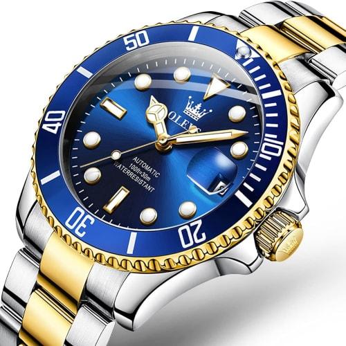 OLEVS Men's Blue Mechanical Watch, Automatic/Hand-Wound, Waterproof, Luminous, Date, Stainless Steel, Present