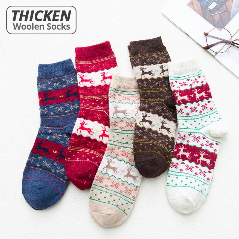 Thicken Women Christmas Socks Warm Rabbit Wool Winter Sock Cotton Casual Fawn Snowflake Pattern Sox