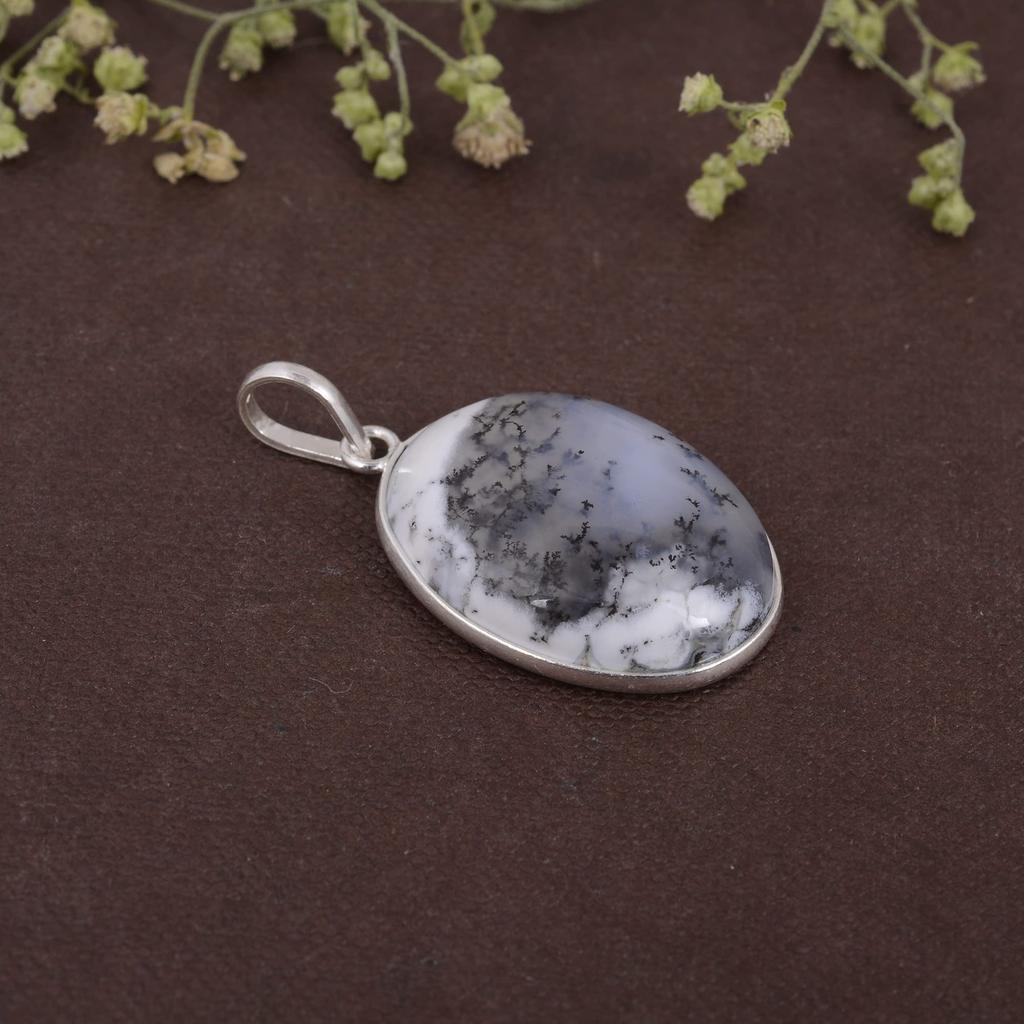925 Sterling Silver, Dendritic Agate Gemstone Pendant, Healing Pendant, Oval Pendant, Gift For Her, Wedding Gift, Silver Jewelry, Reiki Pendant