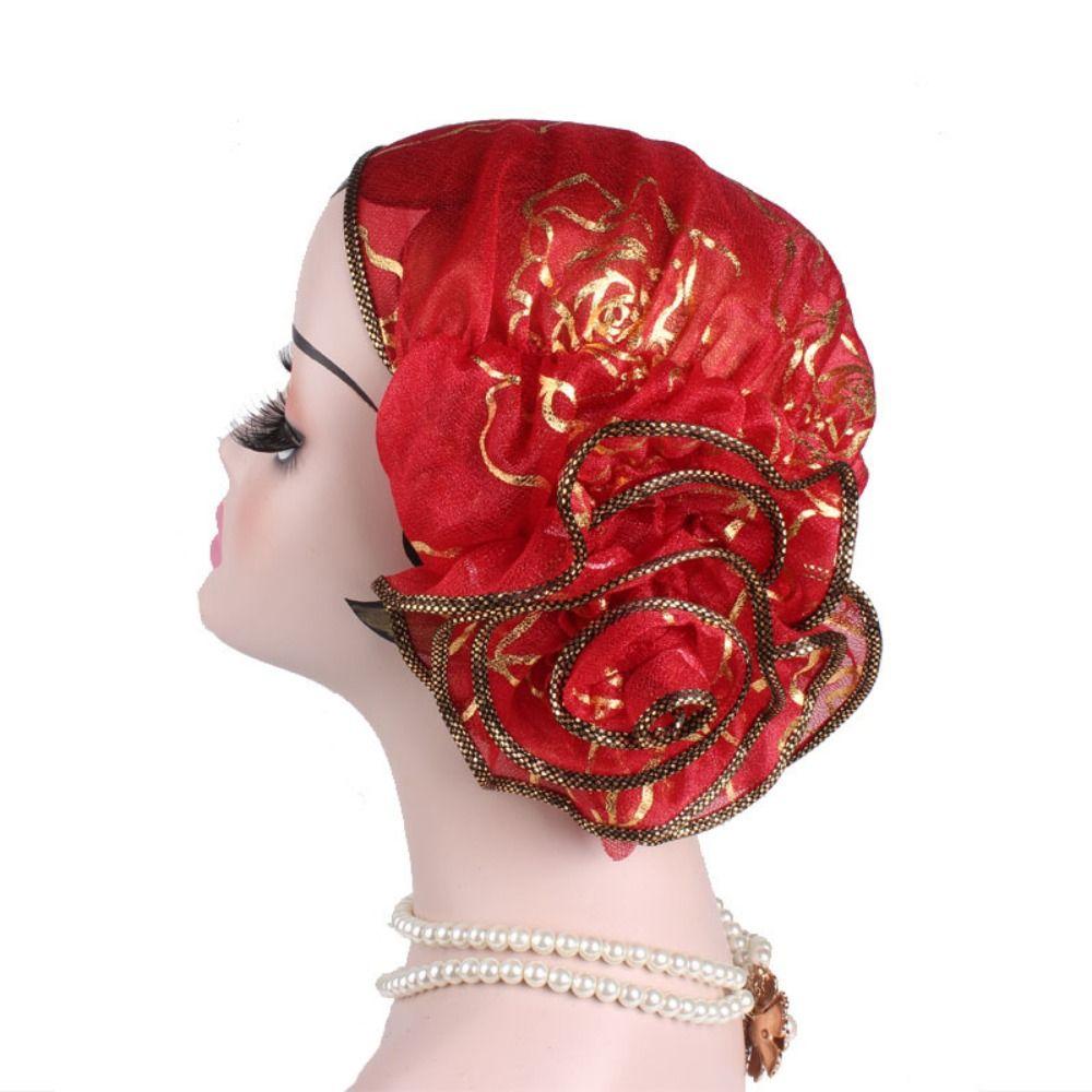 Bronzing Flower Women's Hat Elastic Casual Hair Bonnets African Turban Caps Four Seasons