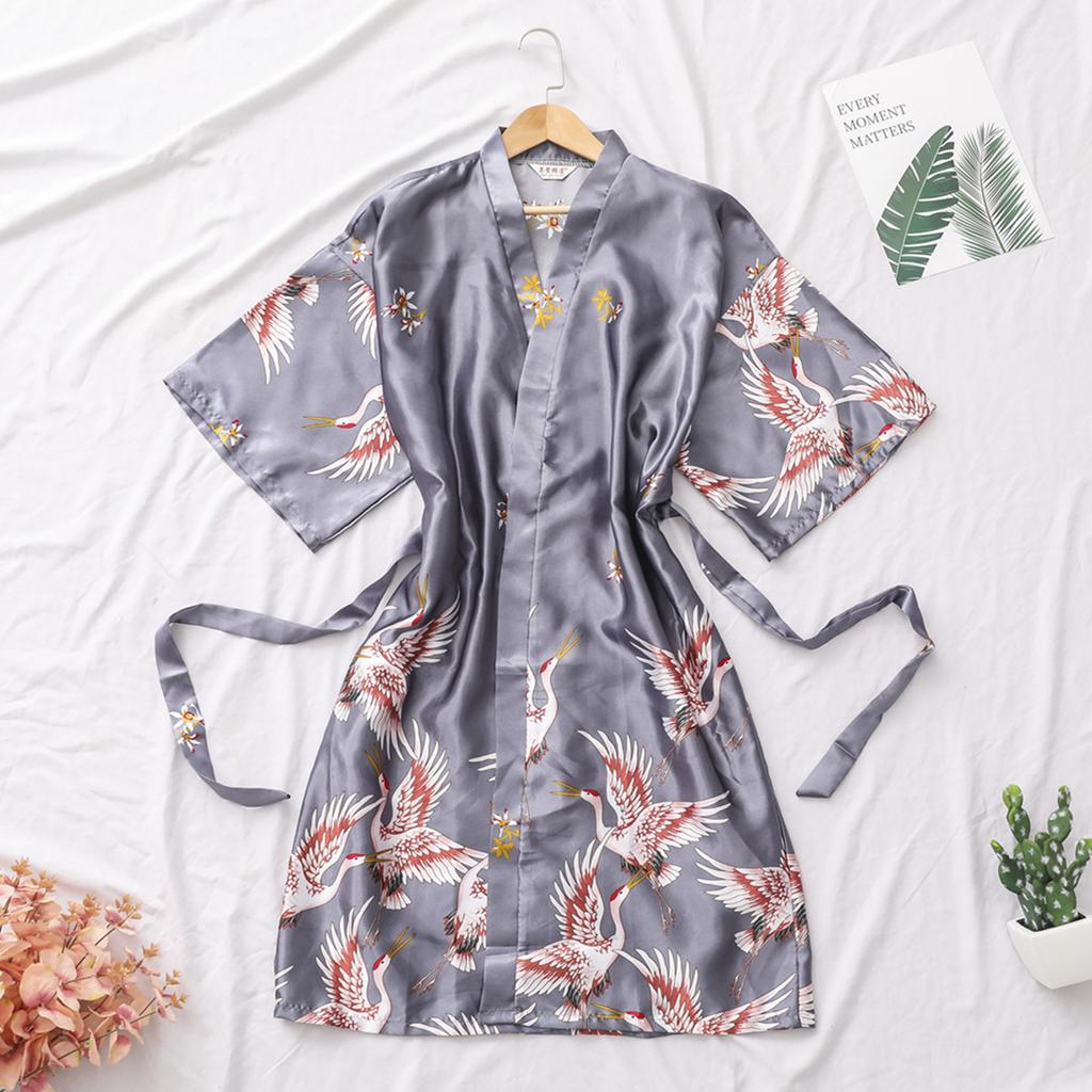 Sleeping Robe Cranes Printed Imitation Silk Single Robe Wedding Bridesmaid Morning Robe Home Increase Robe Fashion Temperament Elegant