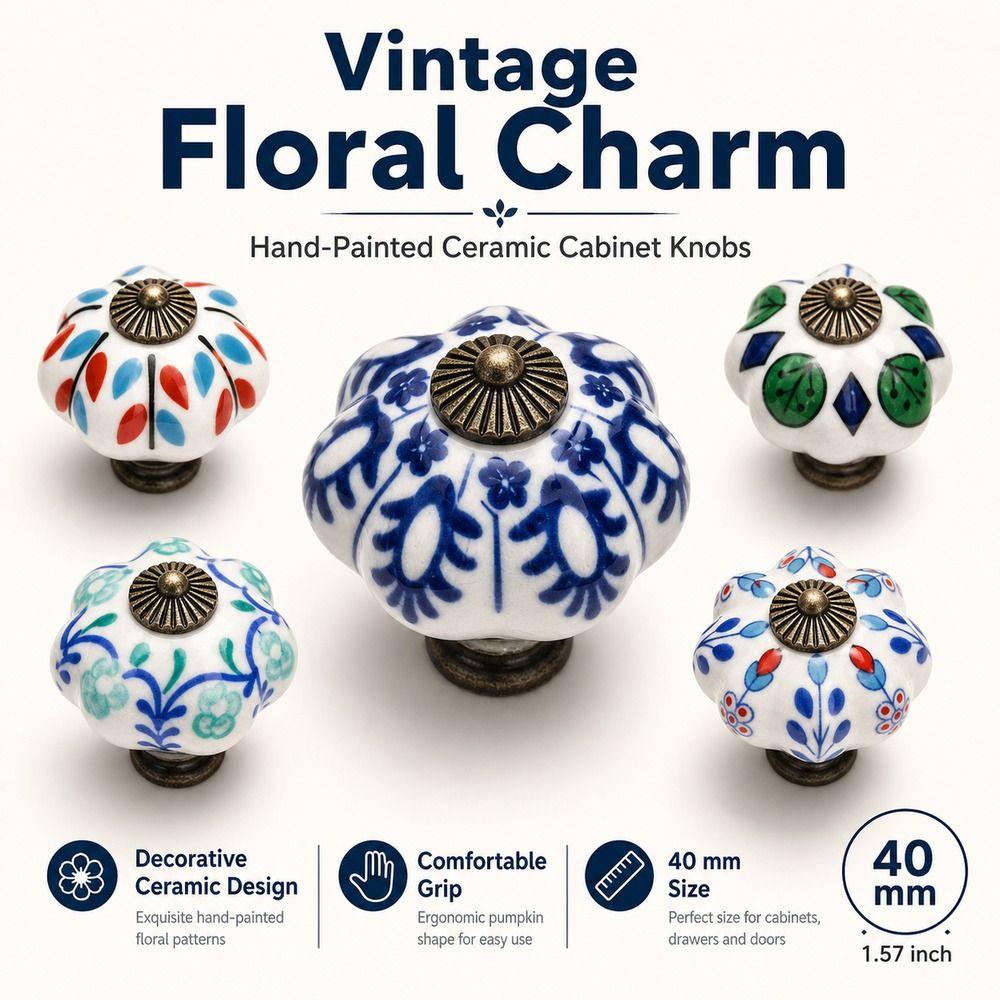 Pumpkin Shape Cabinet Door Knobs Floral Pattern Ceramic Cabinet Knobs Cupboard Door