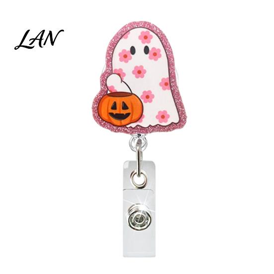 Teacher Badge Reel Retractable Holder, Halloween Glitter Acrylic Reel, Cute Ghost ID Card Pumpkin Holder for Nurse Doctor Worker