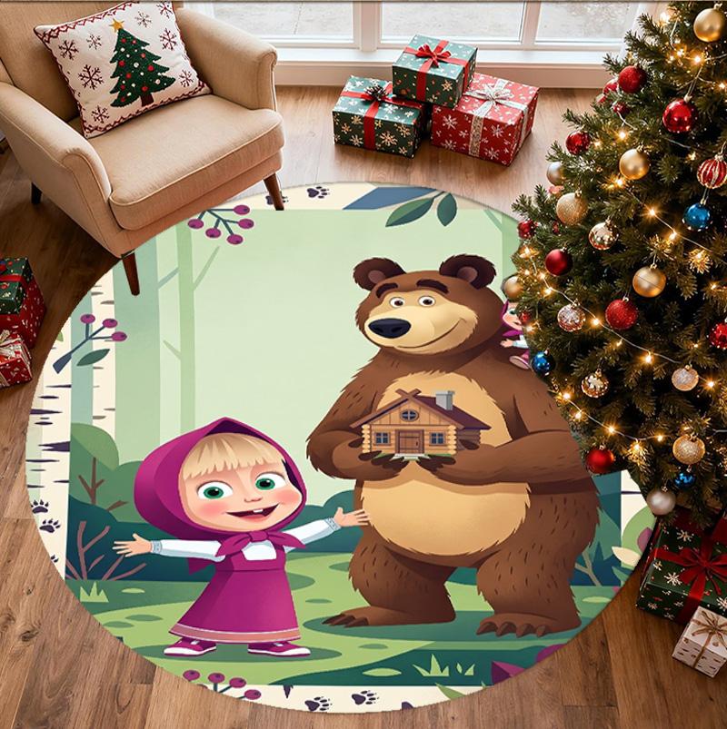 Masha and the Bear Pattern Round Rug, Indoor/Outdoor Mat, for Picnic, Gameroom, Bedroom, Office, Living Room, Home Decor Carpet, Birthday Gift
