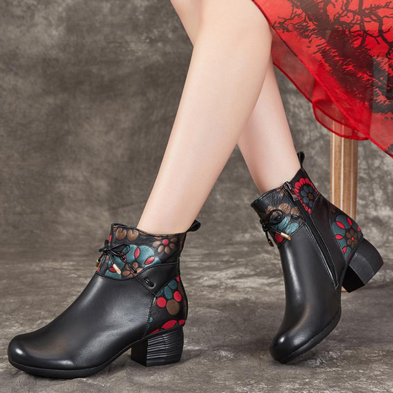 Johnature Зимние теплые короткие сапоги, непромокаемая женская обувь из натуральной кожи в этническом стиле на толстом каблуке и мягкой подошве