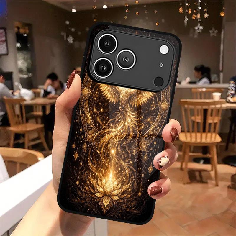 2D чехол для телефона с узором Золотой Феникс для iPhone 17 16 15 14 13 12 11 X XR XS Max Pro 8 plus - Стеклянная защитная крышка