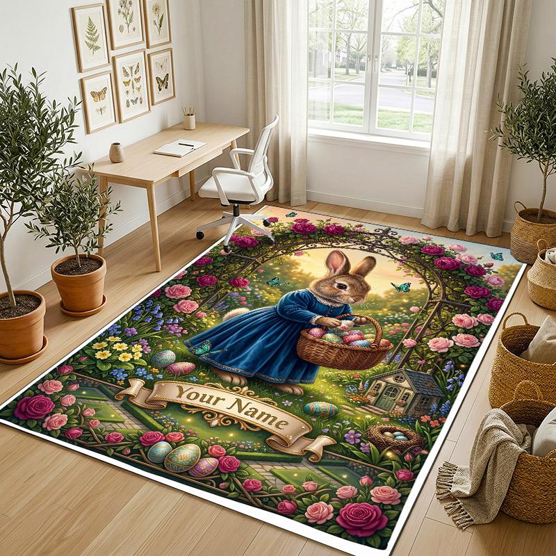 Easter Bunny Theme Crystal Velvet Rug Personalized Custom Name Text Soft Floor Mat Home Decor