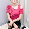 Summer Women's 3D Flowers Applique T-shirt Chic Sexy One Shoulder Short Sleeve Tees Fashion Slim Casual Tops
