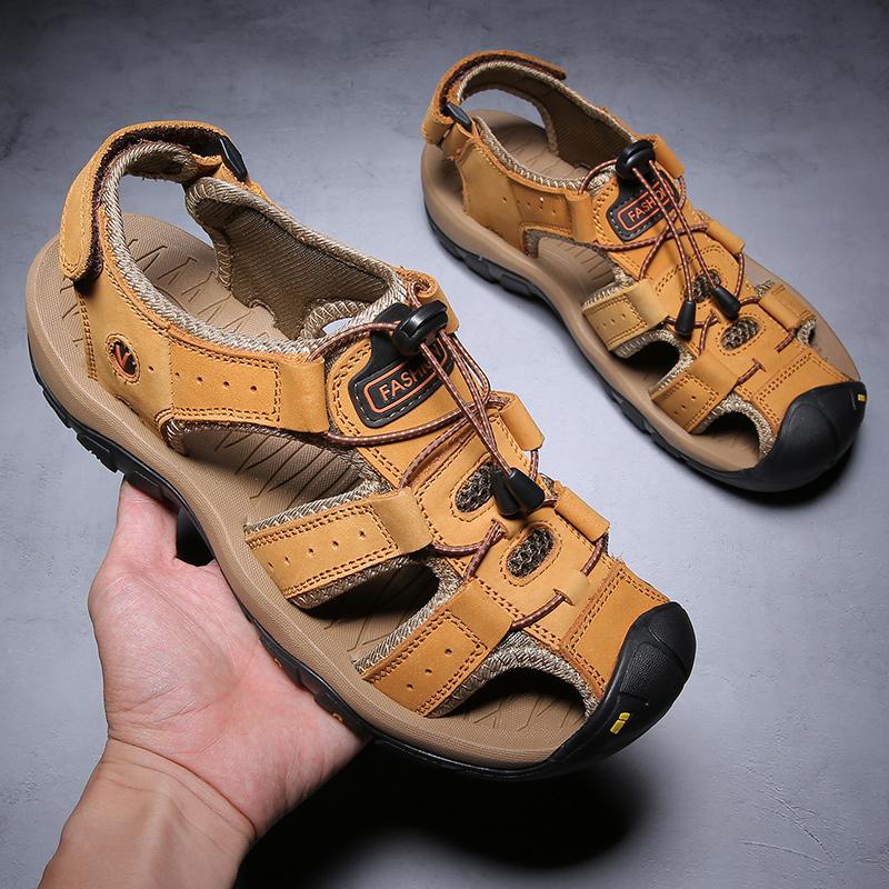 Мужские сандалии, кожаные прогулочные туфли с закрытым носком, широкие уличные спортивные сандалии для пеших прогулок, пляжных прогулок
