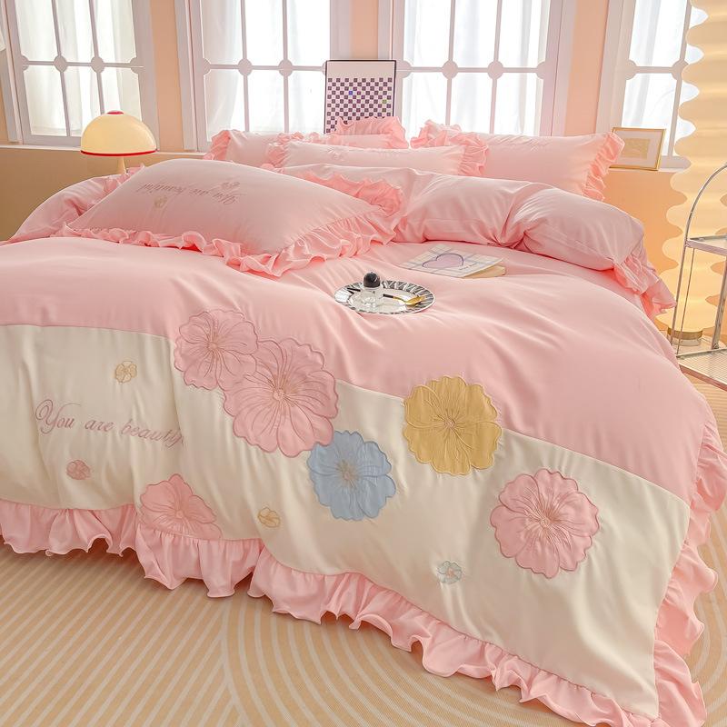 Lace Princess Wind Four-piece Set Washed Cotton Bed Sheet Quilt Cover Embroidered Small Fresh Bedding