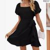 2024 Women's Square Neck Puff Sleeve Summer Dress with Lace-up Waist