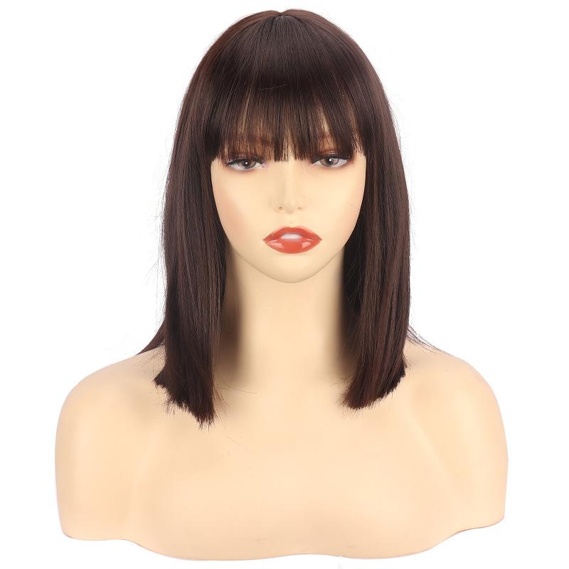 Синтетические парики Короткий прямой черный парик с челкой Парики боб для женщин Розовый Красный Зеленый Коричневый Косплей Волосы Ежедневное использование Высокотемпературный парик