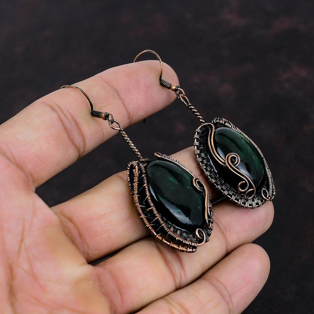 Серьги из зеленого огненного лабрадорита, серьги из медной проволоки, ювелирные изделия ручной работы, серьги из натурального драгоценного камня, медные ювелирные изделия, изящные серьги для подарка