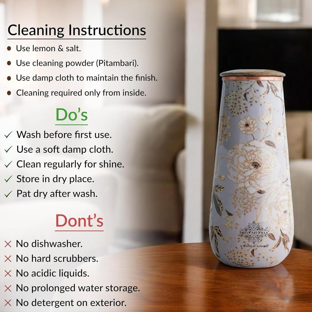 Copper Gold Printed Bottle with Wooden Lid – 1300 ML, Elegant Floral Design Copper Water Bottle for Daily Use, Home Décor, and Gifting