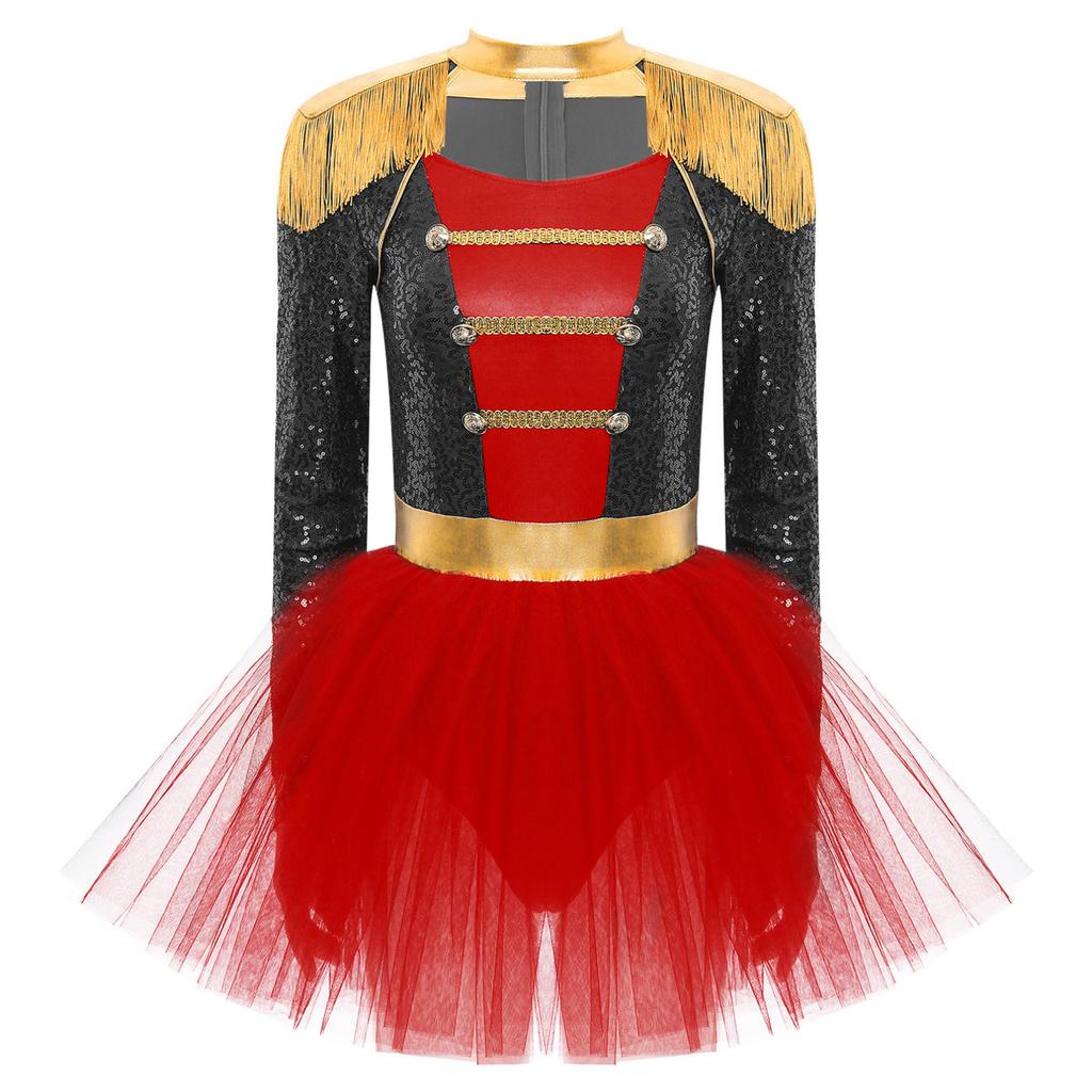 Women Sequins Circus Ringmaster Cosplay Costume Long Sleeve Fringed Shoulder Tulle Leotard Dress Halloween Dress Up Costume