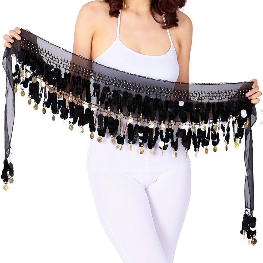 Tassel Belly Dance Hip Scarf with Gold Color Coin Waist Chain Trendy Hip Scarf  Show Costumes