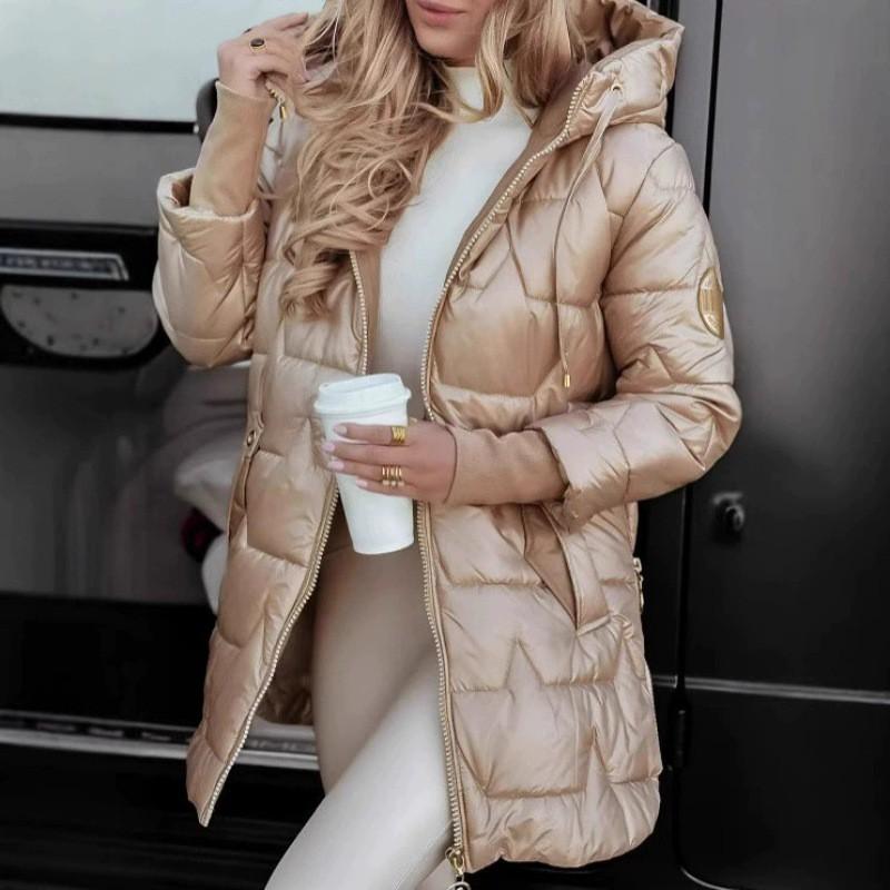 Womens Oversized Hooded Cotton Puffer Coat Mid-Length Zip-Up Winter Jacket In Solid Colors